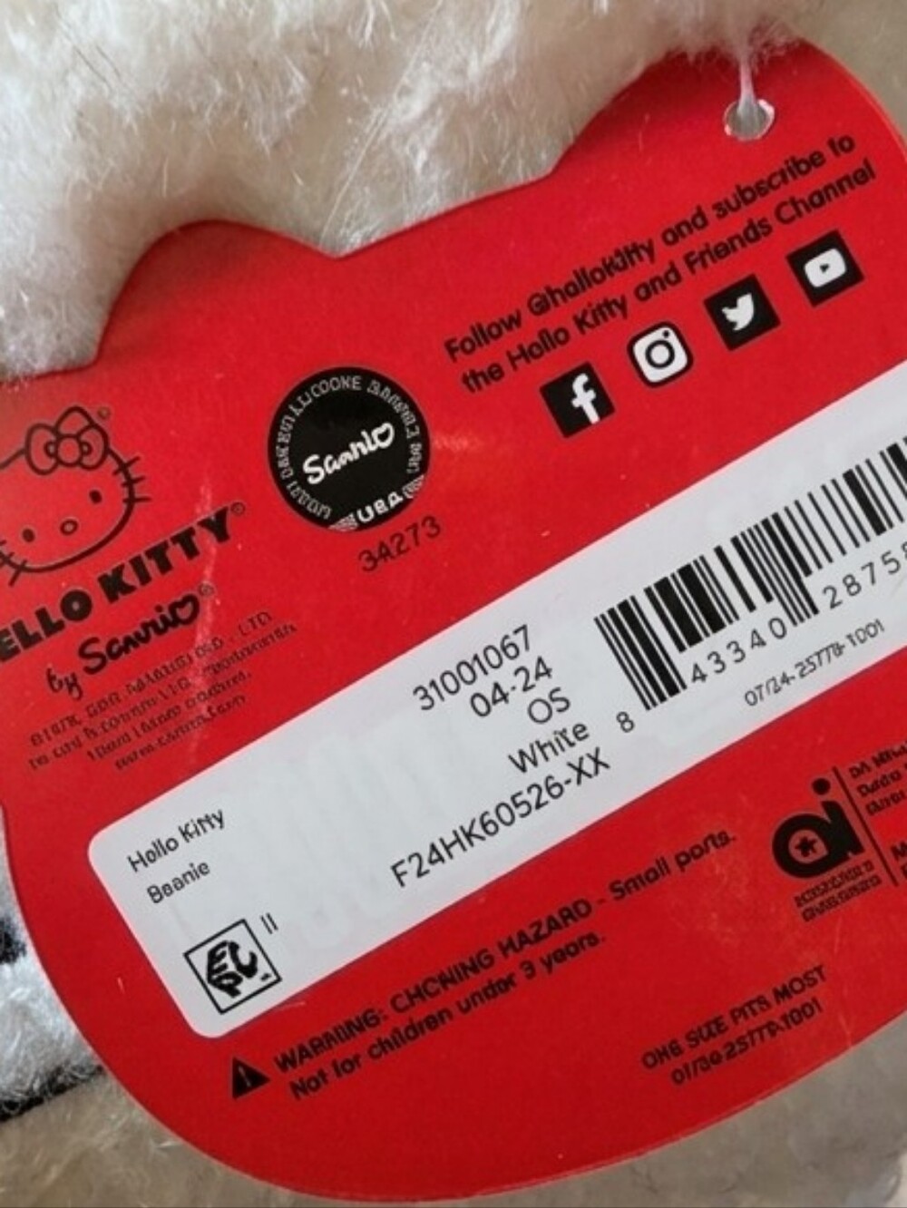 NWT Sanrio Hello Kitty White Fuzzy Plush Beanie Red Bow 3D Ears Kawaii Sz 8.5" W - Picture 6 of 7
